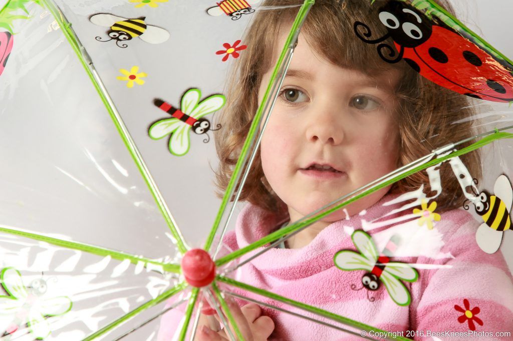 a girl looking through a ladybird umbrella during a studio photoshoot