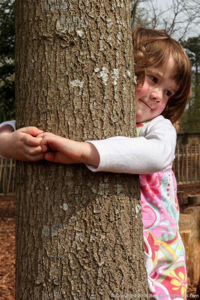 a young girl hugging a tree