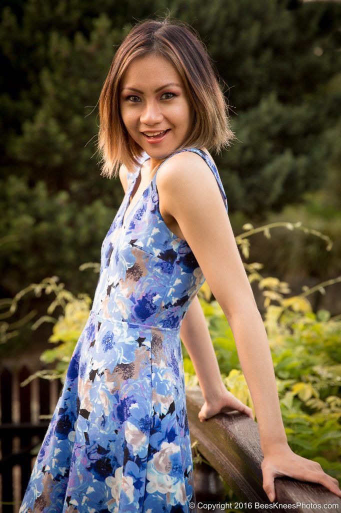 woman in a blue dress on a japanese bridge